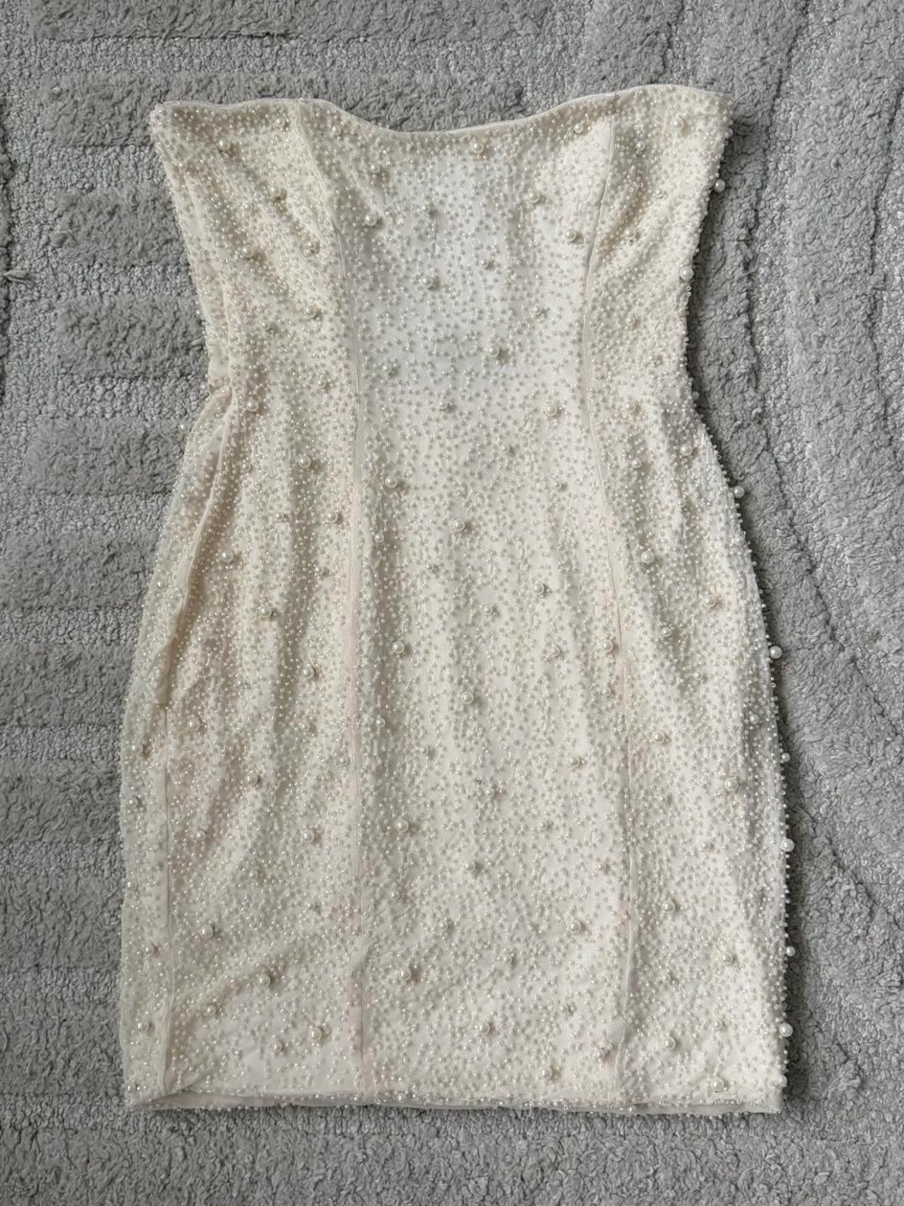 Strapless Pearl-Embellished Cream Cocktail Dress